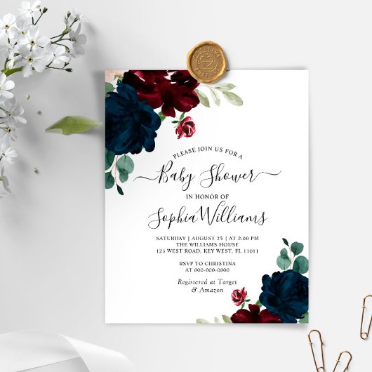 Papier Invitation pour Baby Shower Budget Navy & Bourgogn
