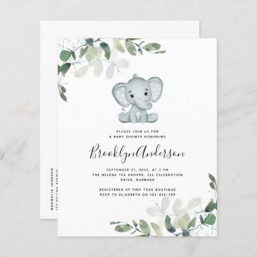 Papier Invitation pour Baby Shower éléphant eucalyptus BU (Devant / Derrière)