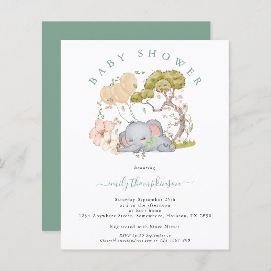 Papier Invitation pour Baby Shower "Garçon éléphant sage (Devant / Derrière)