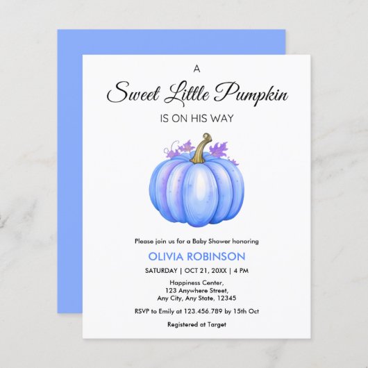 Papier Invitation pour Baby Shower Garçon Petit Citrouill (Devant / Derrière)