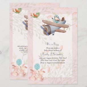 Papier Invitation pour Baby Shower Garçon Pilote d'Avion 