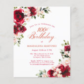 Papier Invitation pour les 100 ans avec rose rouge rose (Devant)