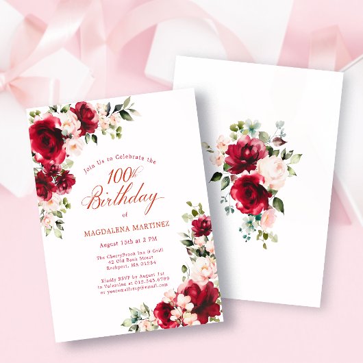 Papier Invitation pour les 100 ans avec rose rouge rose