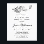 Papier Invitation pour les 21 ans de Surprise Golf au bud<br><div class="desc">Carton d'invitation d'anniversaire élégant noir et blanc pour un golfeur. Le haut de l'invitation est orné d'accessoires de golf - un club de golf, une balle de golf, une casquette et des gants. Le design à l'aquarelle crée une esthétique traditionnelle et classique. Parfait pour une fête d'anniversaire au club ou...</div>