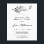 Papier Invitation pour les 21 ans de Surprise Golf au bud<br><div class="desc">Carton d'invitation d'anniversaire élégant noir et blanc pour un golfeur. Le haut de l'invitation est orné d'accessoires de golf - un club de golf, une balle de golf, une casquette et des gants. Le design à l'aquarelle crée une esthétique traditionnelle et classique. Parfait pour une fête d'anniversaire au club ou...</div>