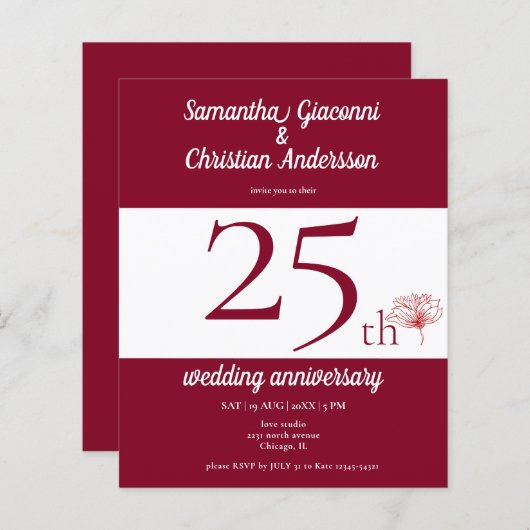 Papier Invitation pour les 25 ans de mariage Budget Flora (Devant / Derrière)