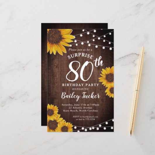 Papier Invitation pour les 80 ans Surprise au Tournesol R (Devant/Arrière en situation)