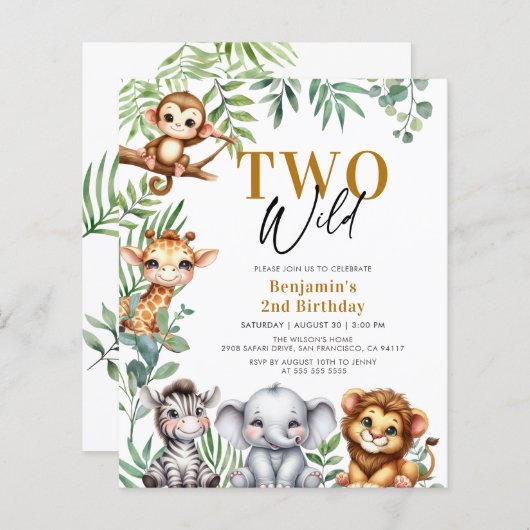 Papier Invitation pour un 2e anniversaire avec deux anima (Devant / Derrière)
