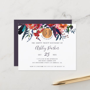 Papier Invitation pour une fête de 30 ans chic et fleuri 