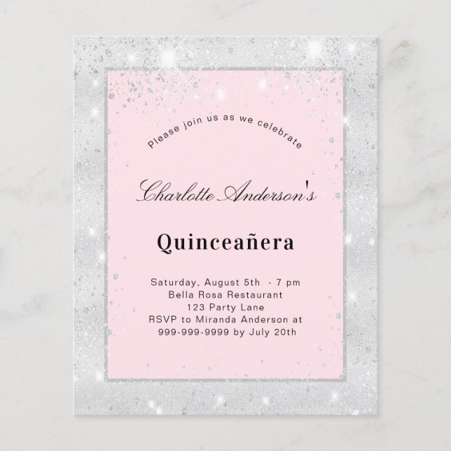Papier Invitation Quinceanera argent poussière de paillet (Devant)