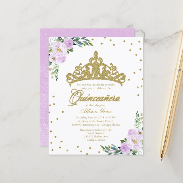 Papier Invitation Quinceanera Budget Couronne de Tiara Or (Devant/Arrière en situation)