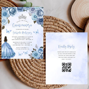 Papier Invitation Quinceañera Code QR Floral Bleu Budget