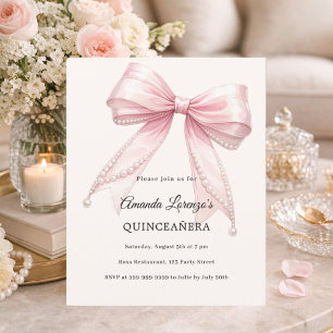 Papier Invitation Quinceanera perles ivoire ruban rose