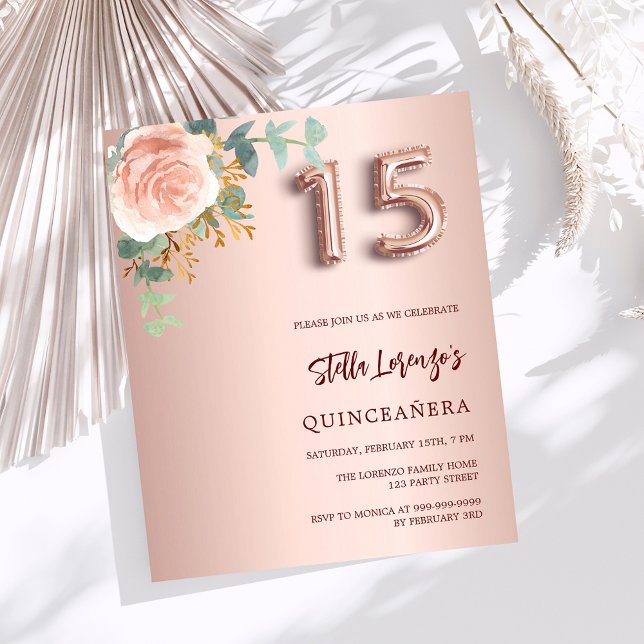 Papier Invitation Quinceanera rose de fleurs d'or (Créateur téléchargé)