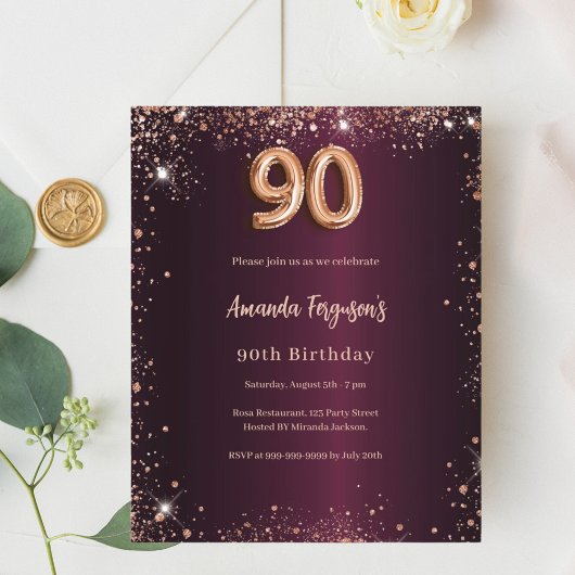 Papier Invitation rose gold et burgundy pour 90e annivers
