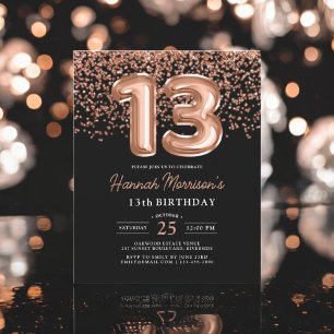 Papier Invitation Rose Gold Noir pour 13e Anniversaire à 