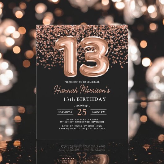 Papier Invitation Rose Gold Noir pour 13e Anniversaire à 