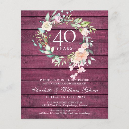 Papier Invitation Rustique Budget 40e Anniversaire de Mar (Devant)