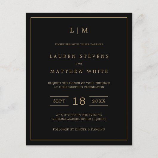 Papier Invitation simple Black and Gold Budget Wedding (Devant)