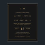 Papier Invitation simple Black and Gold Budget Wedding<br><div class="desc">Faire-part de mariage économique simple avec un design moderne et élégant avec votre monogramme à deux lettres en haut, une mise en page audacieuse et vos détails entourés d'une fine bordure. Tous les éléments de conception sont en faux or sur un arrière - plan noir et peuvent être changés dans...</div>