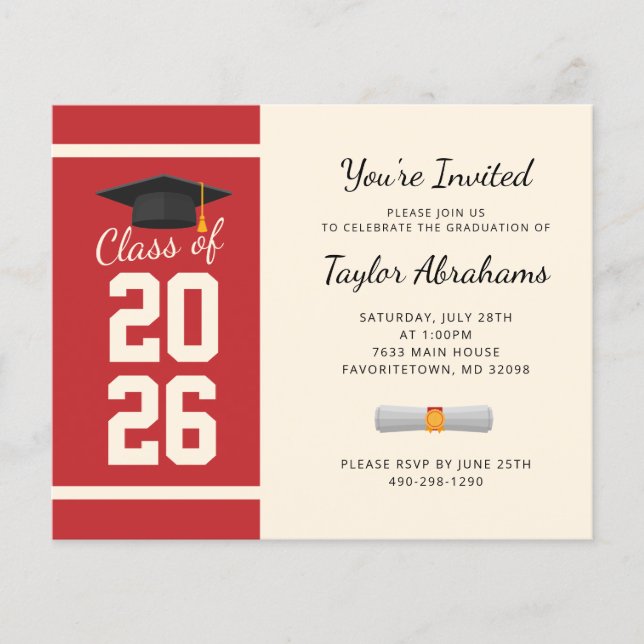 Papier Invitation simple Red Graduation Party 2025 (Devant)