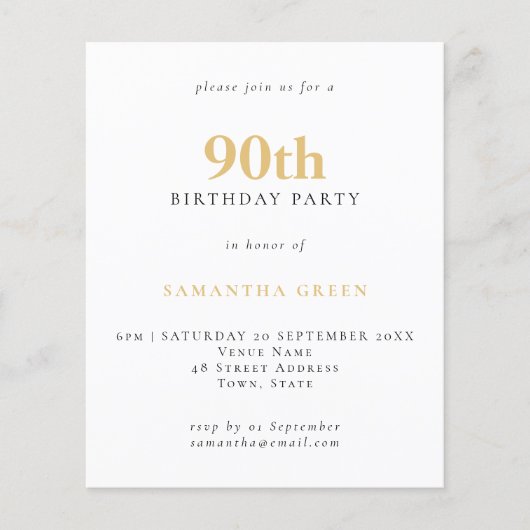 Papier Invitation simple texte Budget Or Noir 90e Anniver (Devant)