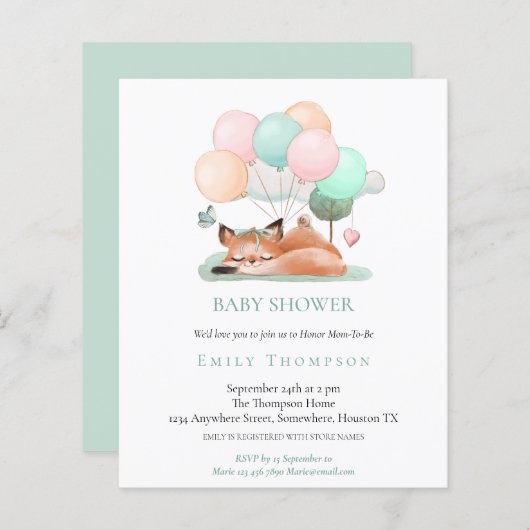 Papier Invitation sur le Baby shower Turquoise Fox mignon (Devant / Derrière)