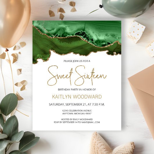 Papier Invitation Sweet 16 Budget Chasseur Vert Agate Or