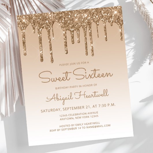 Papier Invitation Sweet 16 Budget Glitter Drip Or