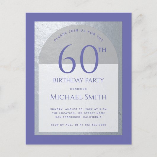 Papier Invitation Violet Faux Argent pour les 60 ans (Devant)