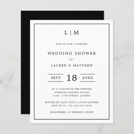 Papier Invitation Wedding shower de budget noir simple (Devant / Derrière)