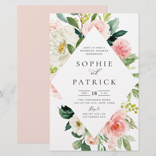 Papier Invitation Wedding shower de cadre Floral blanc et (Devant / Derrière)