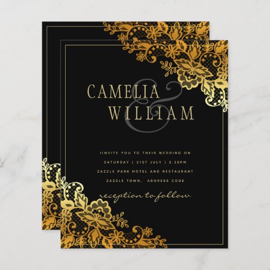 Papier Invitations Black Gold Lace Wedding (Devant / Derrière)