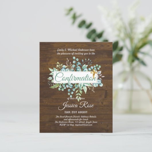 Papier Invitations de confirmation Eucalyptus Greenery Bu (Debout devant)