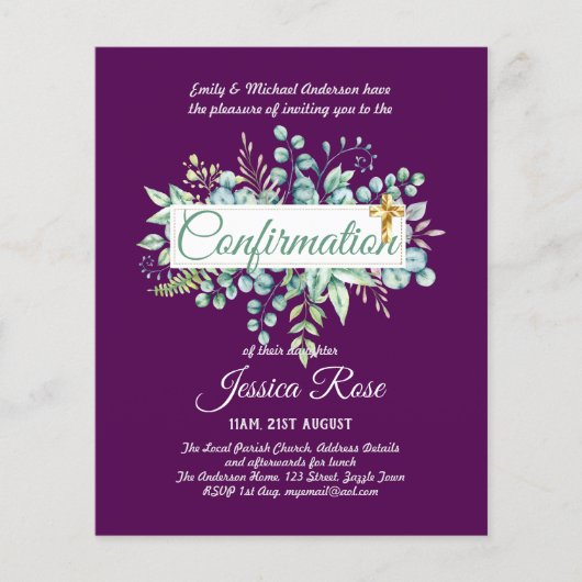 Papier Invitations de confirmation Eucalyptus Greenery Bu (Devant)