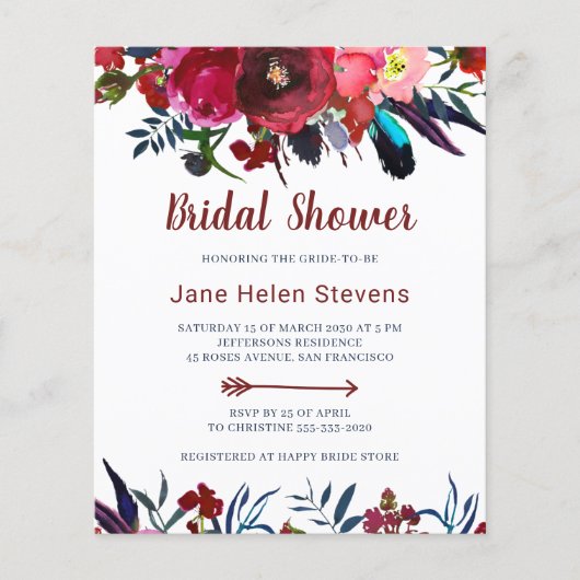 Papier Invitations de douche nuptiale chic boho fleurie b (Devant)
