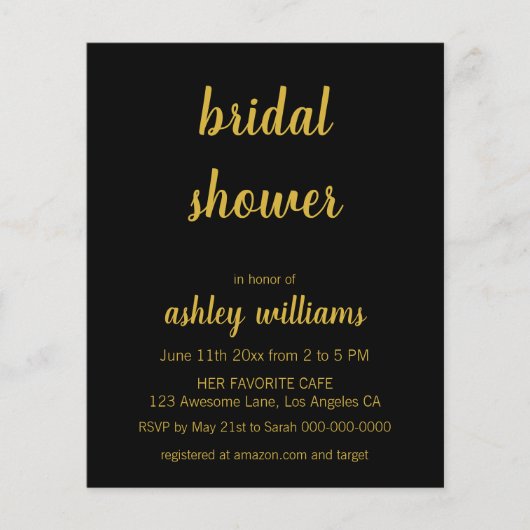 Papier Invitations de douche nuptiale en noir et or à bud (Devant)