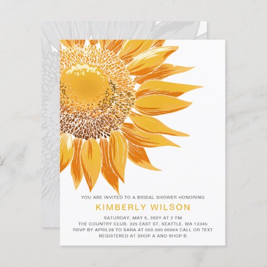 Papier Invitations de douche nuptiale Sunflower Budget (Devant / Derrière)