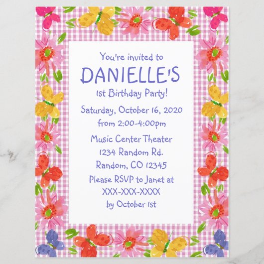 Papier Invitations de fête d'anniversaire à thème papillo (Devant)