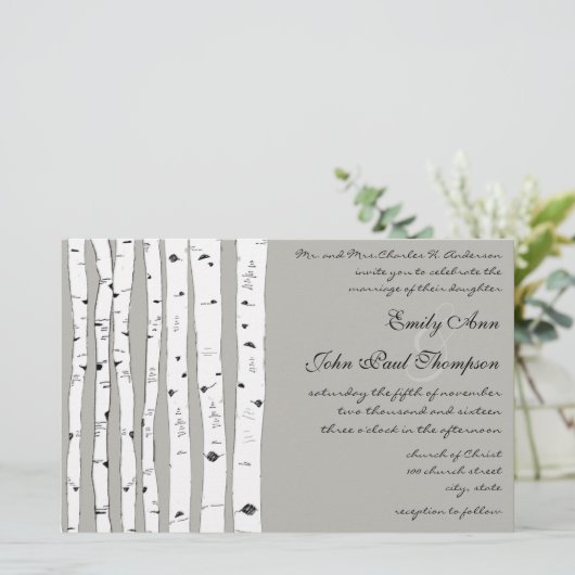 Papier Invitations de mariage Argent Cloud Birch Tree (Debout devant)