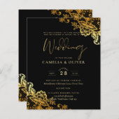 Papier Invitations de Mariage Black Gold Lace (Devant / Derrière)