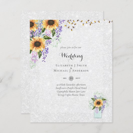 Papier INVITATIONS DE MARIAGE BUDGÉTAIRE - Tournesols rus (Devant / Derrière)