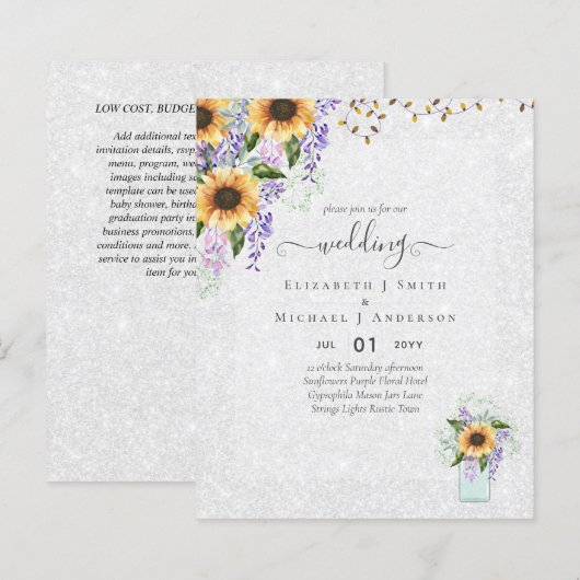 Papier INVITATIONS DE MARIAGE BUDGÉTAIRE Tournesols rusti (Devant / Derrière)