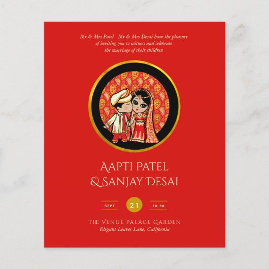 Papier Invitations de mariage hindou Red Gold Cartoon Cou (Devant)