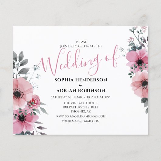 Papier Invitations de mariage rose floral Budget (Devant)