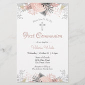 Papier Invitations de première communion rose florale (Devant)