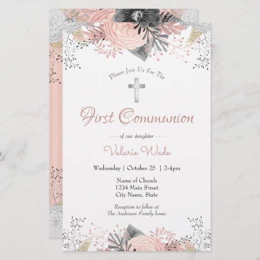 Papier Invitations de première communion rose florale (Devant / Derrière)