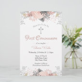 Papier Invitations de première communion rose florale (Debout devant)