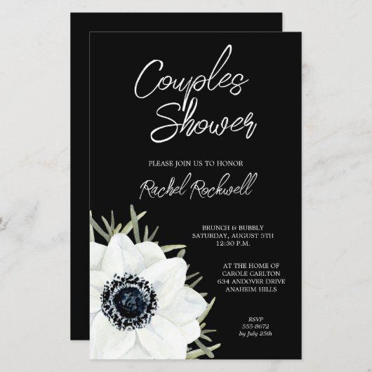 Papier Invitations de Wedding shower Floral Blanc Noir (Devant / Derrière)