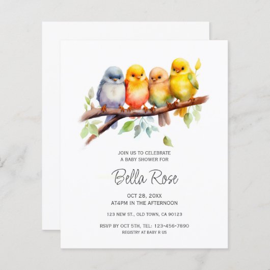Papier Invitations du Baby shower aux oiseaux mignons du (Devant / Derrière)